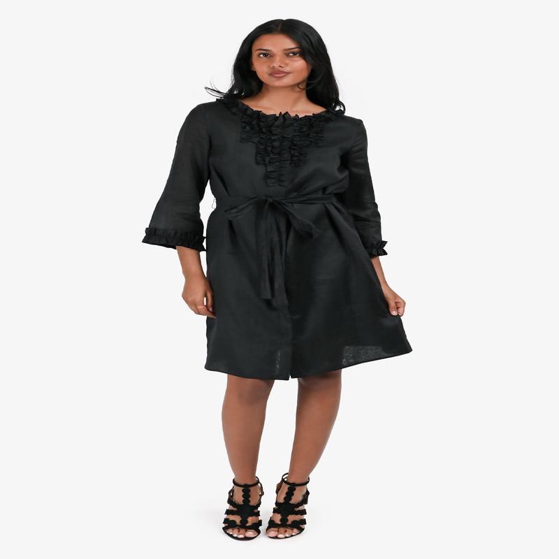 \'S Max Mara Black Linen Ruffle Dress Size 38
