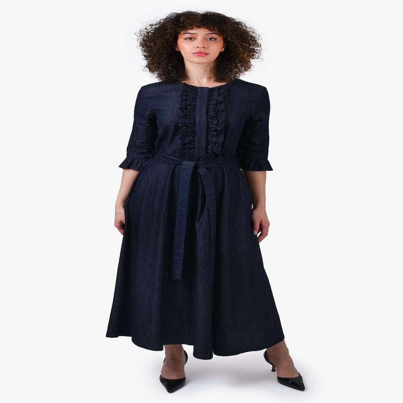 \'S Max Mara Dark Blue Denim Ruffle Detail Maxi Dress with Belt Size 4
