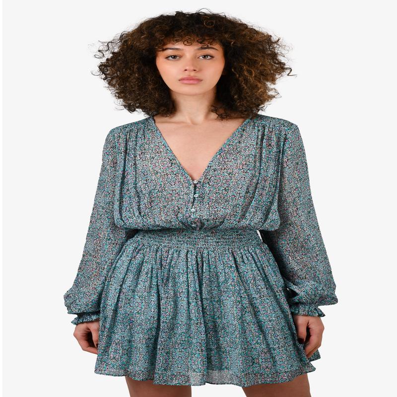 7 For All Mankind Blue Silk Ditsy Floral Mini Dress Size S