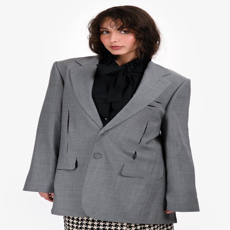 Ader Error Light Grey Wool Herringbone Cut Out Dellne Blazer Size A2