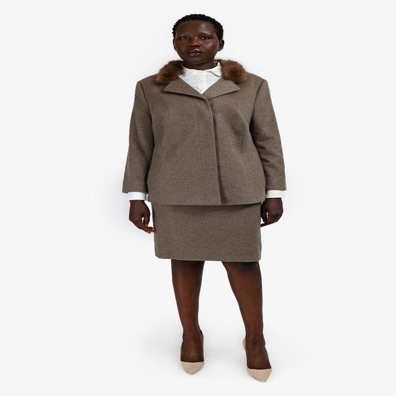 Akris Beige Felt/Fur Trimmed Blazer + Skirt Set Size 16