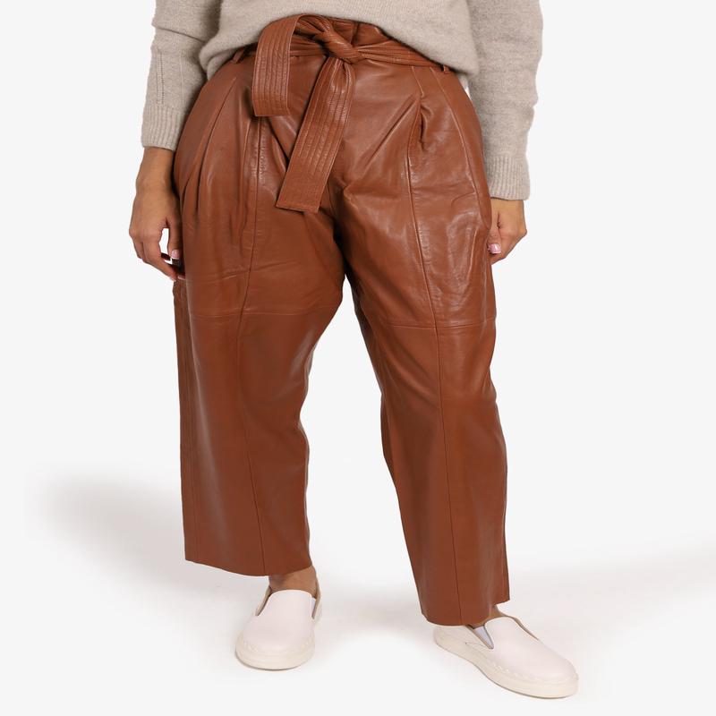 Lamarque Brown Leather Wide Leg Pants with Belt Size M