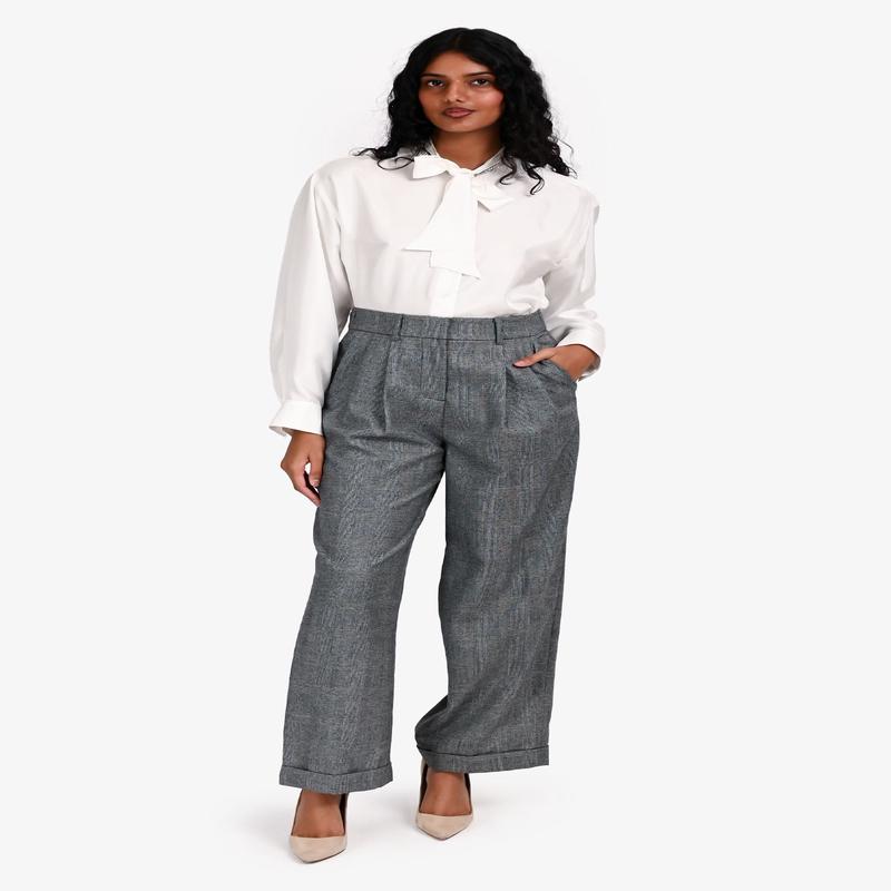 Lilysilk Grey Plaid Wide Leg Cuffed Trousers Size 2